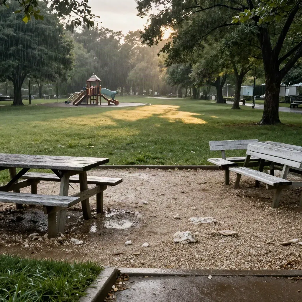 Rain-fresh Cary park lawn with playground edge, picnic tables, and trail entrance
