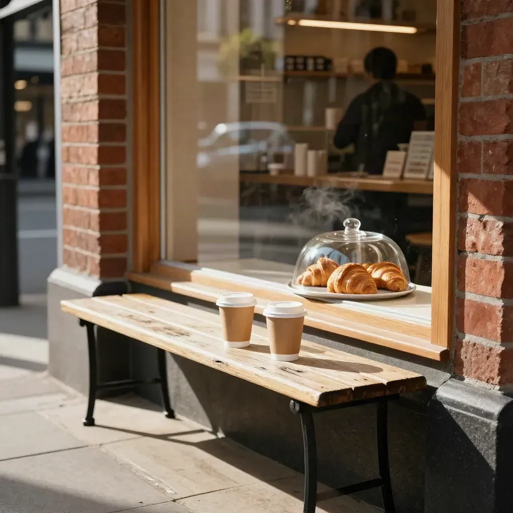 Sunlit café window with takeaway cups and a pastry dome above a small bench.