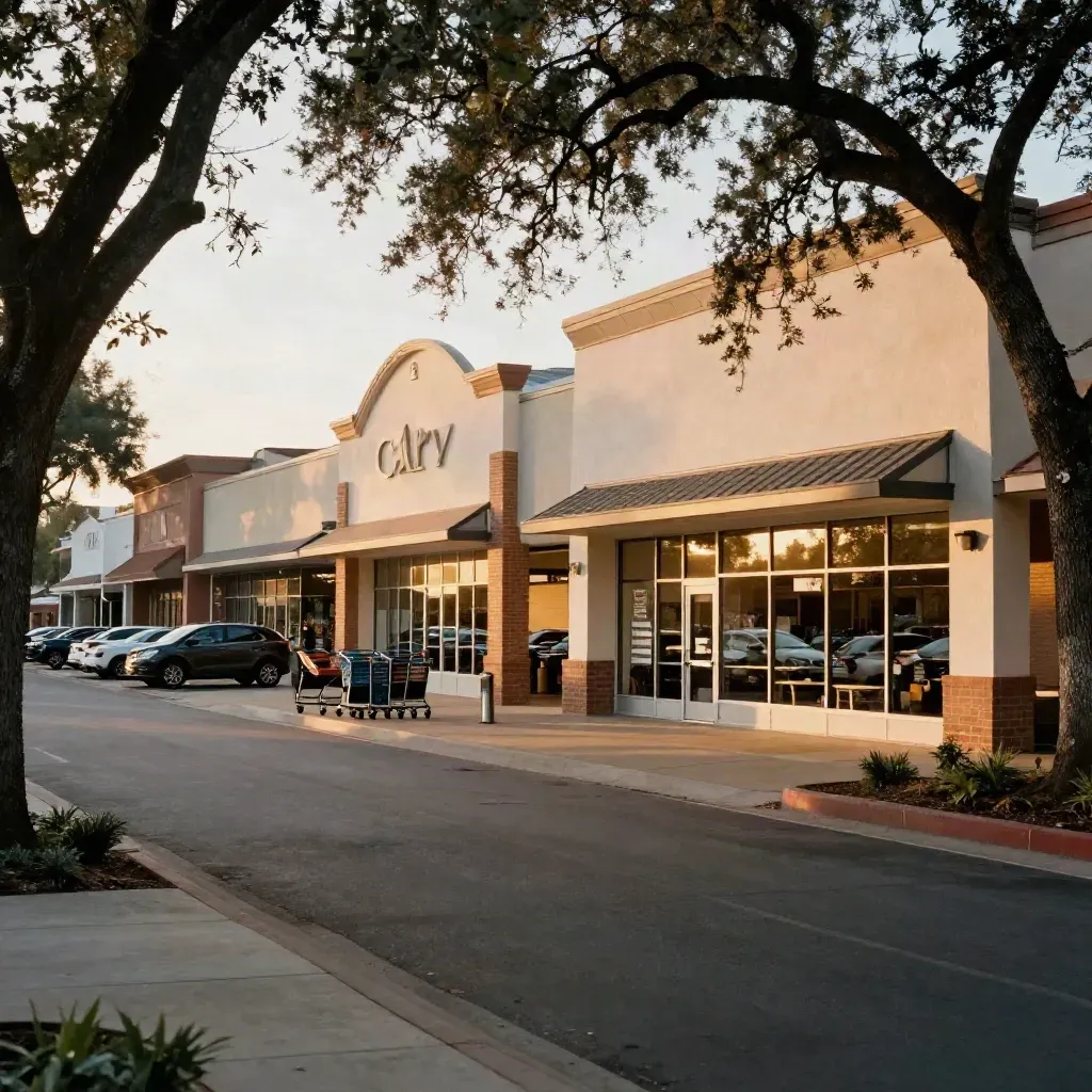 Warm evening view of Cary shops with parked cars beneath shade trees.