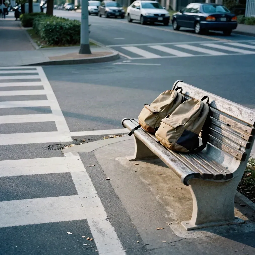 Backpacks on a bench by a school crosswalk with cars beyond