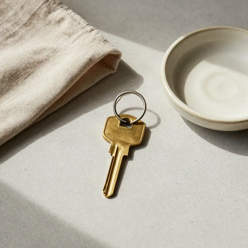 Brass house key ring, linen swatch, and cream ceramic dish on pale concrete.
