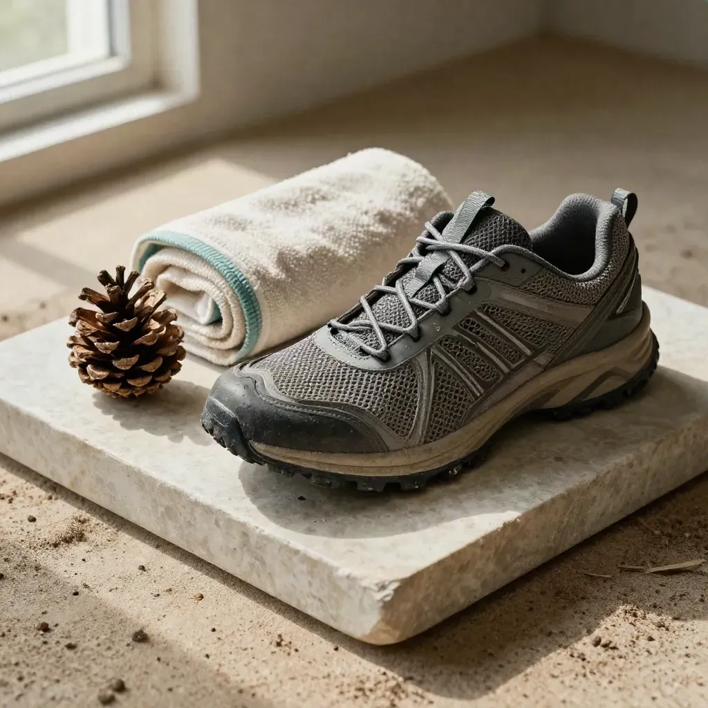 Damp trail runner, pine cone, and rolled towel on a stone tray in soft daylight.