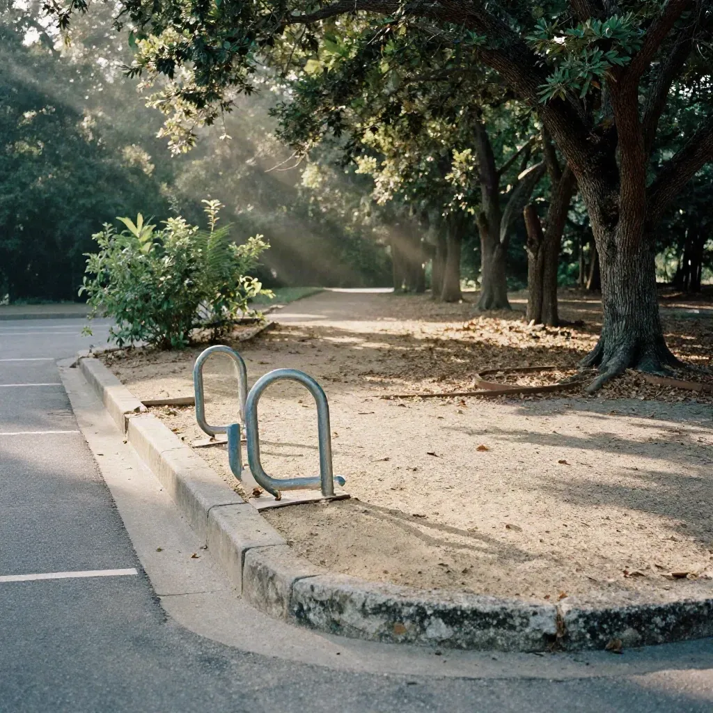 Shaded greenway trailhead with bike rack, sandstone curb, and morning light