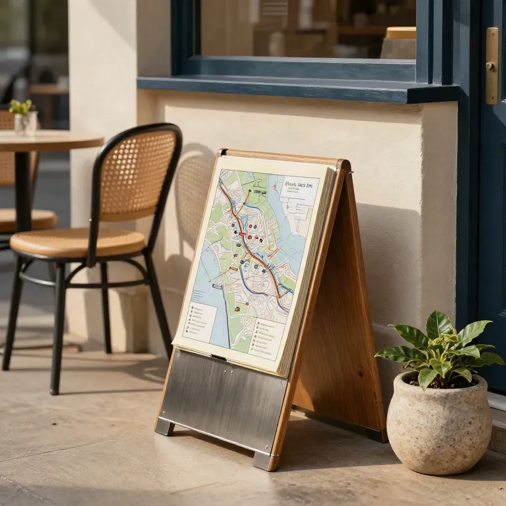 Warm civic bulletin alcove with folded map brochures, café chairs, and a small planter