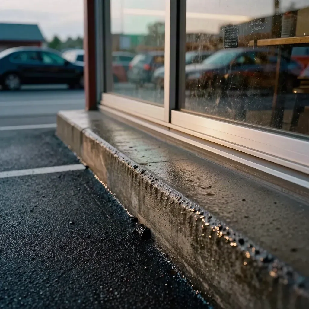 Macro of a humid Cary restaurant curb at dusk, with glowing storefront reflections and parked cars.