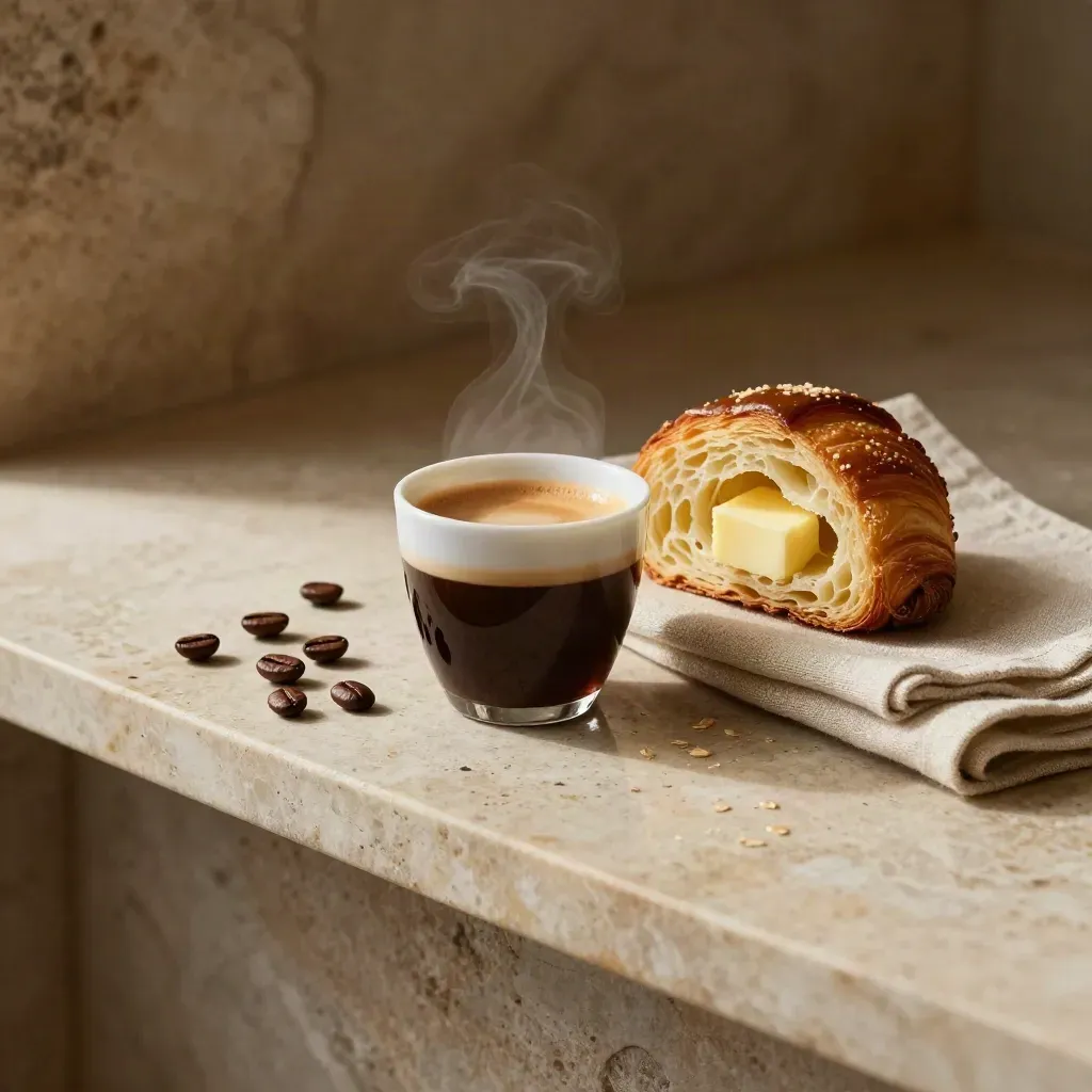 Espresso cup, cut pastry, linen napkin, and coffee beans on a limestone shelf.