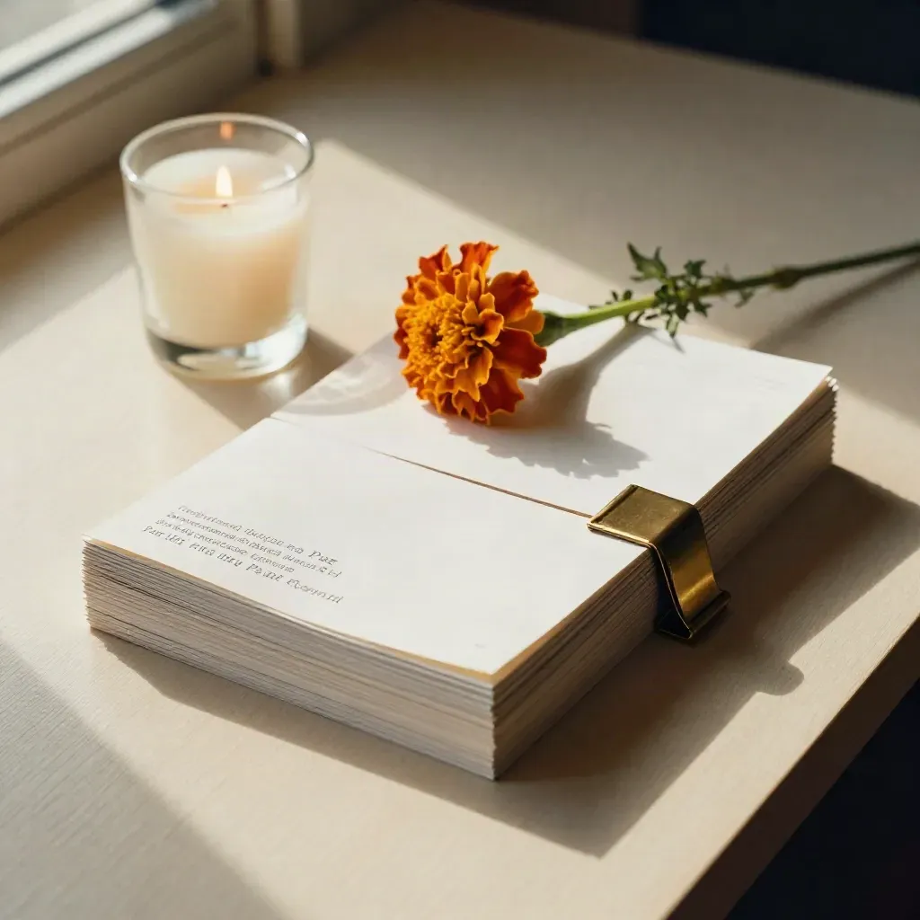 Face-down event flyers, brass clip, glass votive and marigold on pale wood