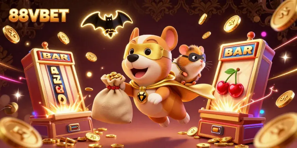 88VBET jackpot scene with a superhero dog and hamster amidst slot machines and gaming symbols.