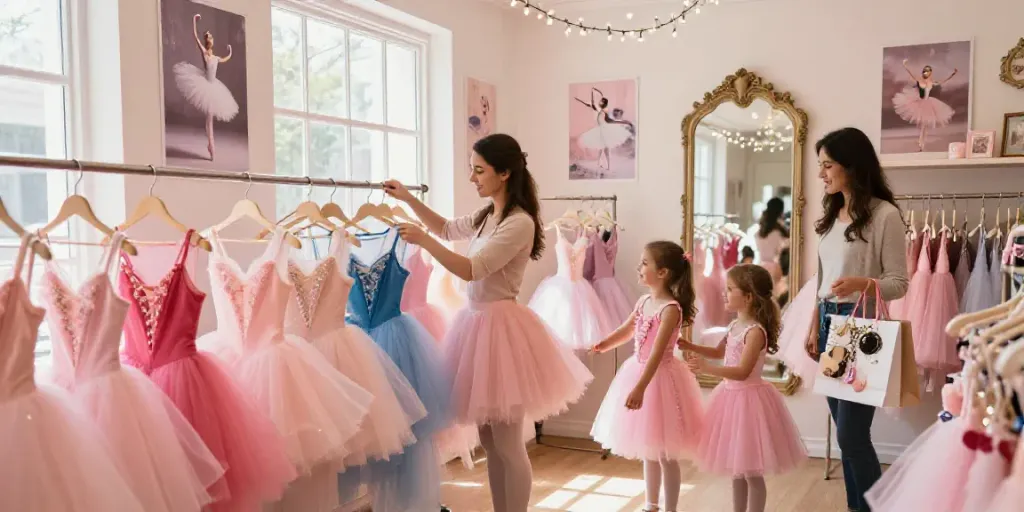 Whimsical tutu store scene showcasing vibrant tutus and a joyful shopping experience at tutu-store.com.