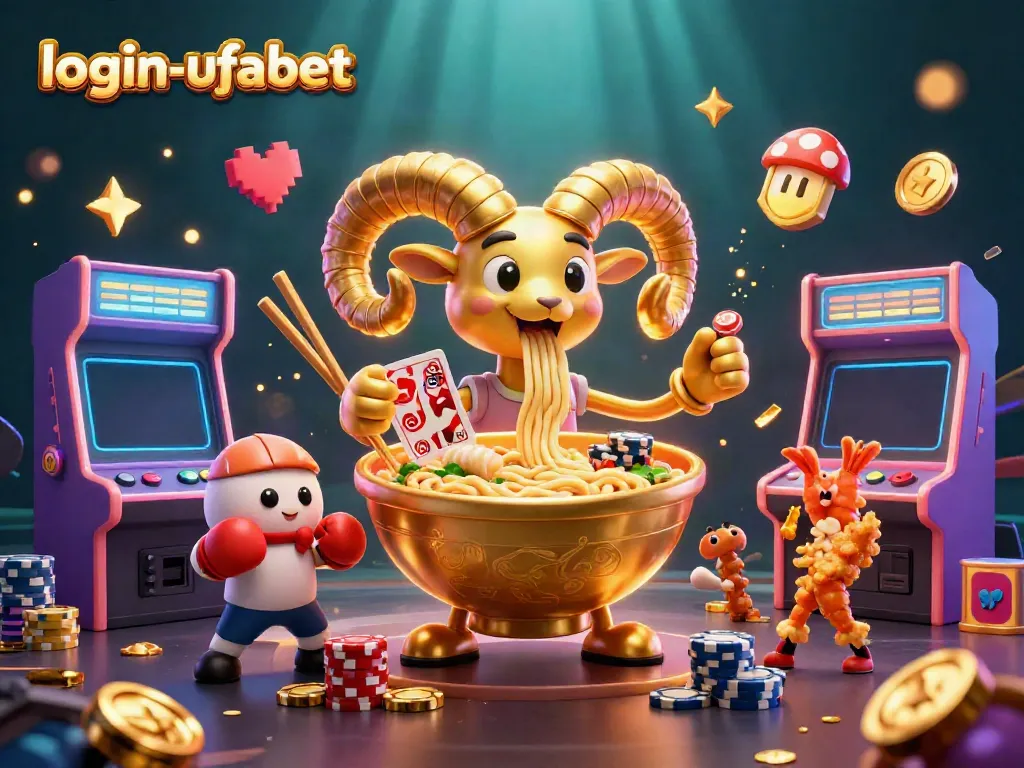 Experience exciting gaming action at login-ufabet with vibrant 3D illustrations of unique characters and casino elements.