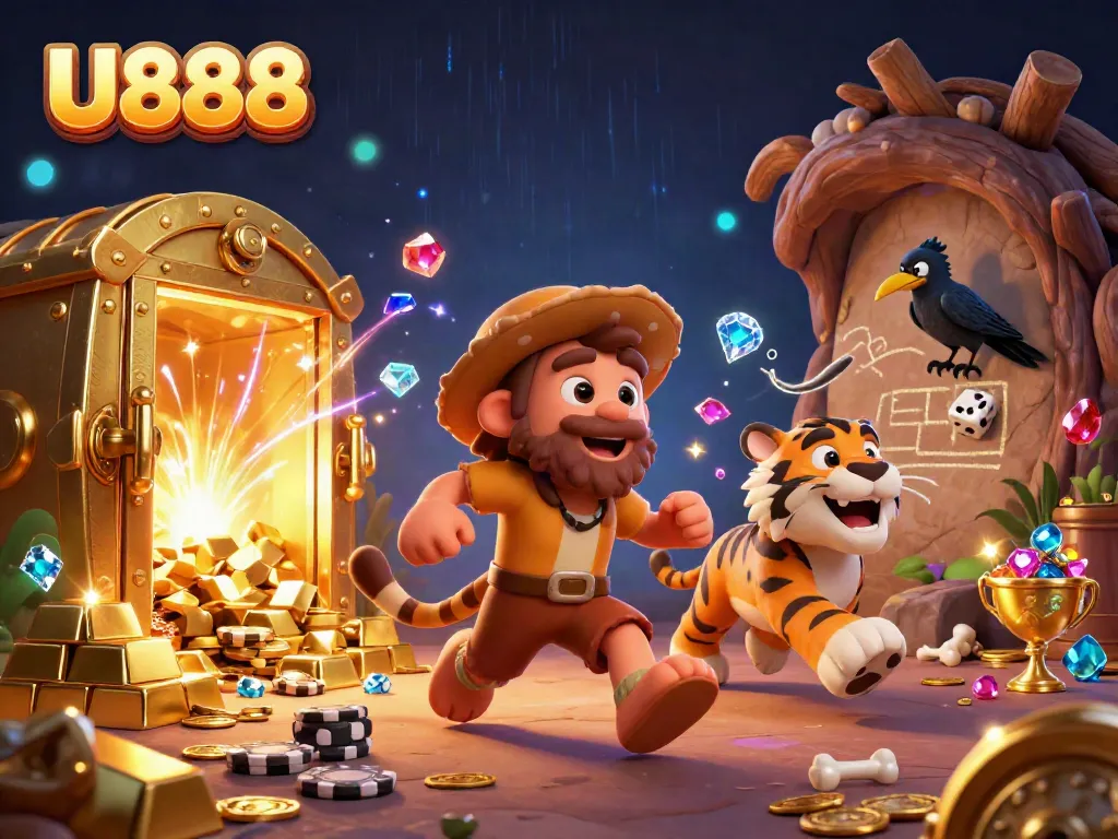 Experience thrilling games at U888 with animated caveman, tiger duo, and treasures scattered around.