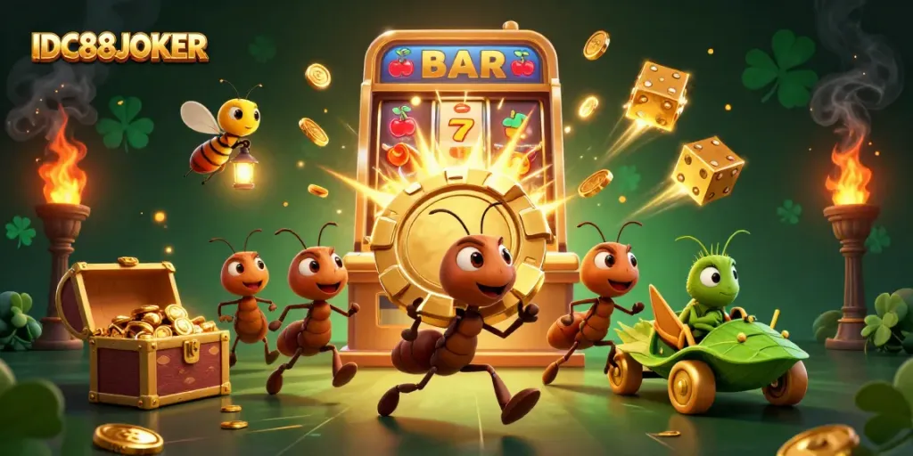 Engaging illustration of IDC88JOKER with cartoon ants heisting a giant poker chip, surrounded by casino elements.