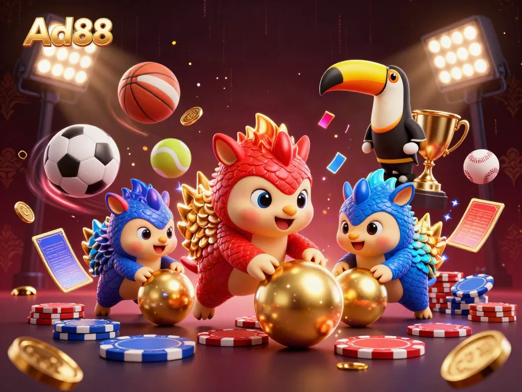 Ad88 showcases an exciting scene with rival pangolins bowling through poker chips, complementing thrilling sports elements.