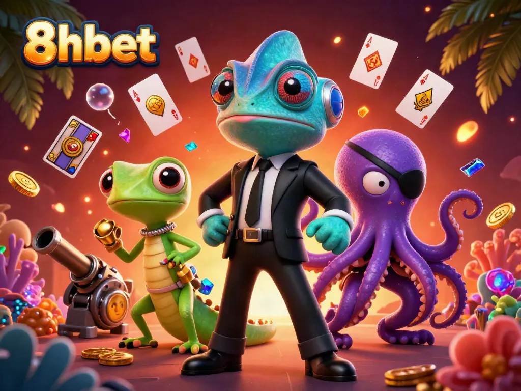 Experience the thrilling world of 8xbet with a dynamic casino scene featuring vibrant characters and game elements.