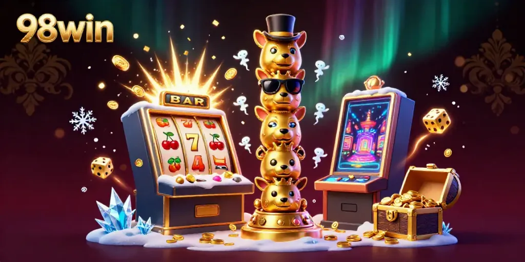 Experience the excitement of 98win with a dynamic casino scene featuring a golden totem pole and jackpot elements.