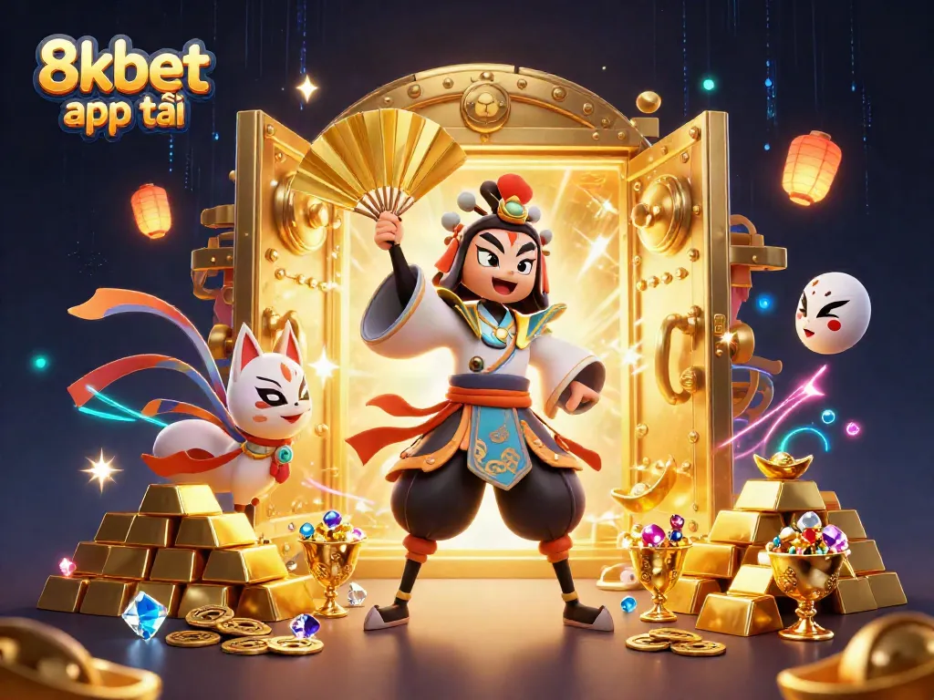 Experience the excitement of 8xbet app tải with vibrant casino elements in a dynamic 3D scene.