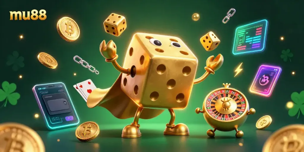 Join the thrill of mu88 with a lively 3D illustration of a dice golem and crypto elements orbiting around.