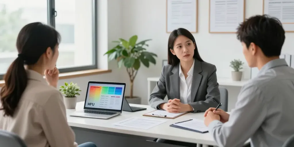 Beratungsszene zur MPU wegen Drogen mit professionellem Berater und nervösem Klienten in modernem Büro.