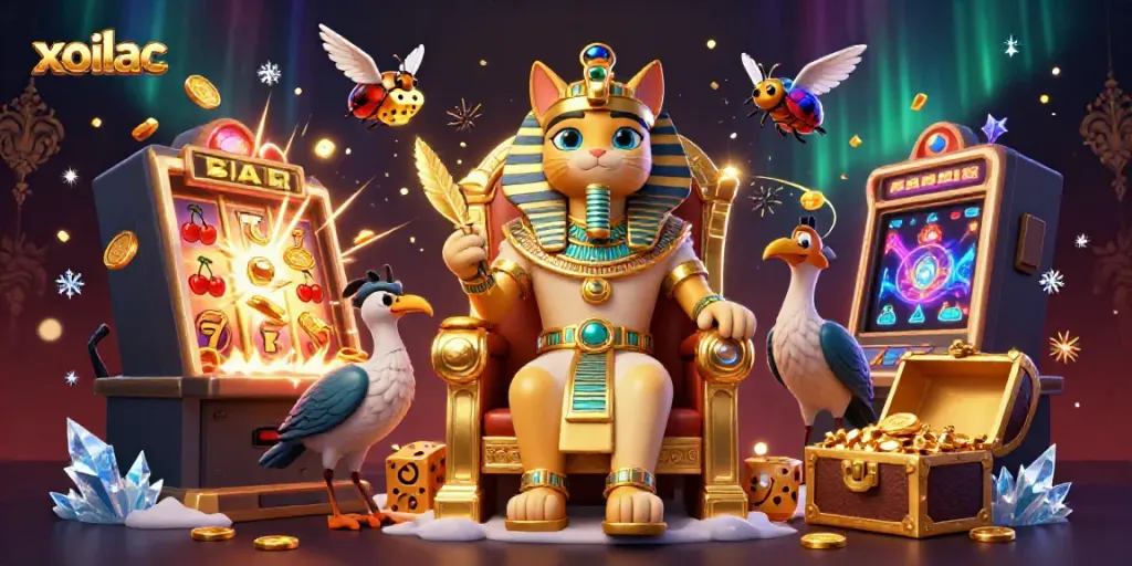 Xoilac features an Egyptian pharaoh cat and scribe amidst a jackpot explosion, enhancing the gaming excitement.
