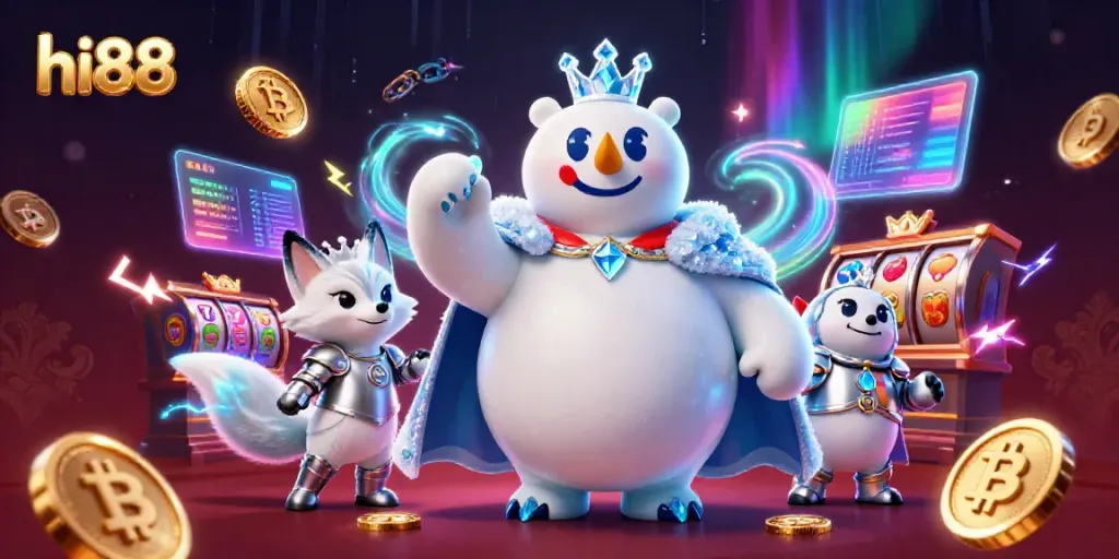 Experience hi88’s thrilling online casino with a vibrant illustration of a polar bear and snow fox amidst dynamic gaming elements.