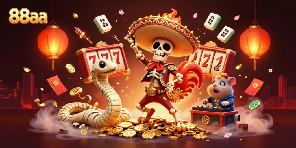 Celebrate wins at 88aa with a lively 3D casino scene featuring vibrant characters and game elements.