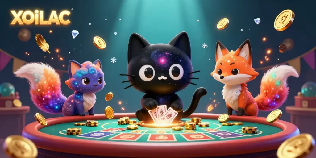 Engage with the immersive XOILAC casino experience, featuring dynamic characters and vibrant gaming elements.