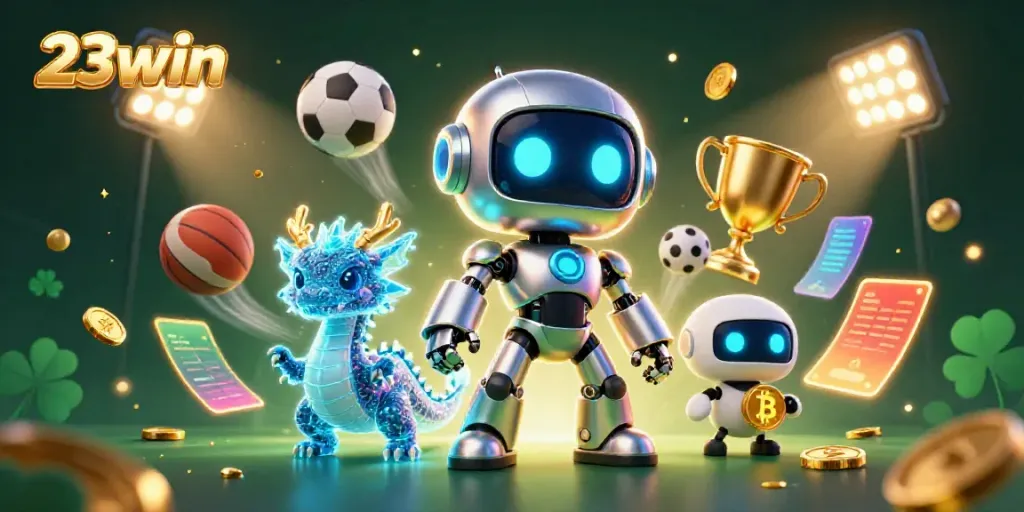 Engage in thrilling gambling at 23win with a vibrant 3D casino scene featuring a cyberpunk robot and sports elements.