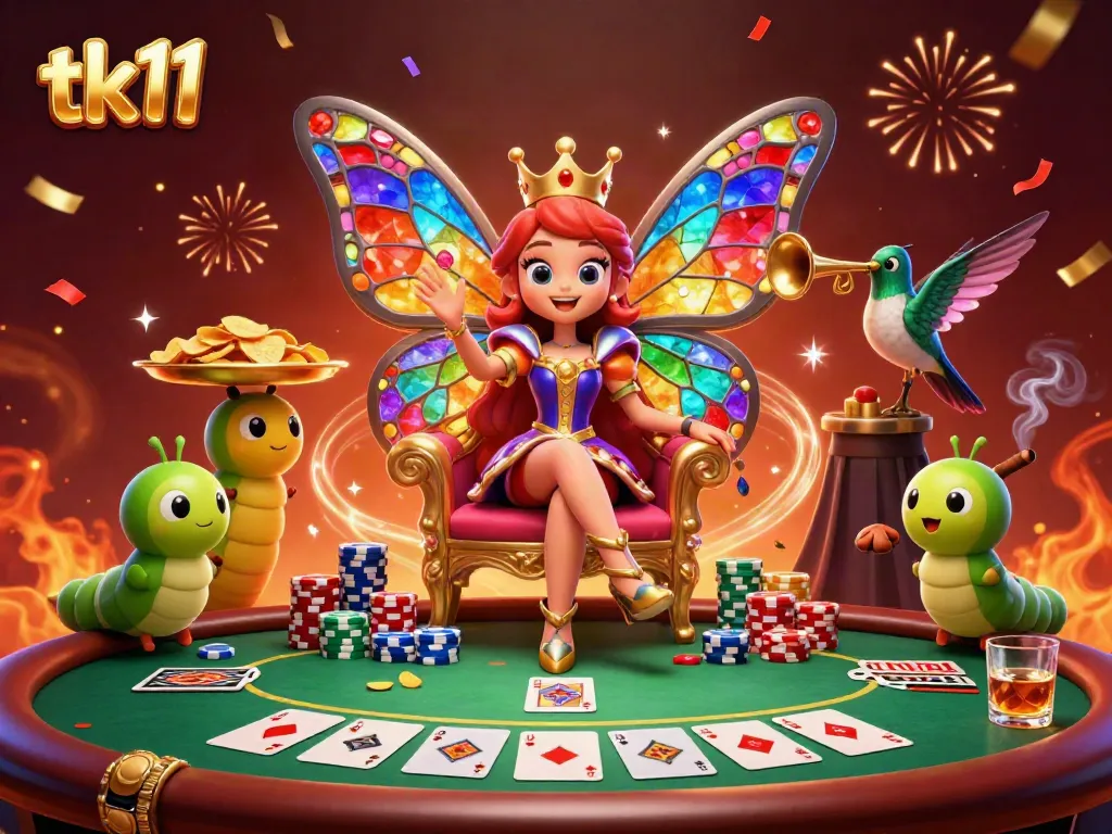Engage in thrilling casino action with a vibrant tk11-themed illustration featuring a butterfly queen and poker elements.