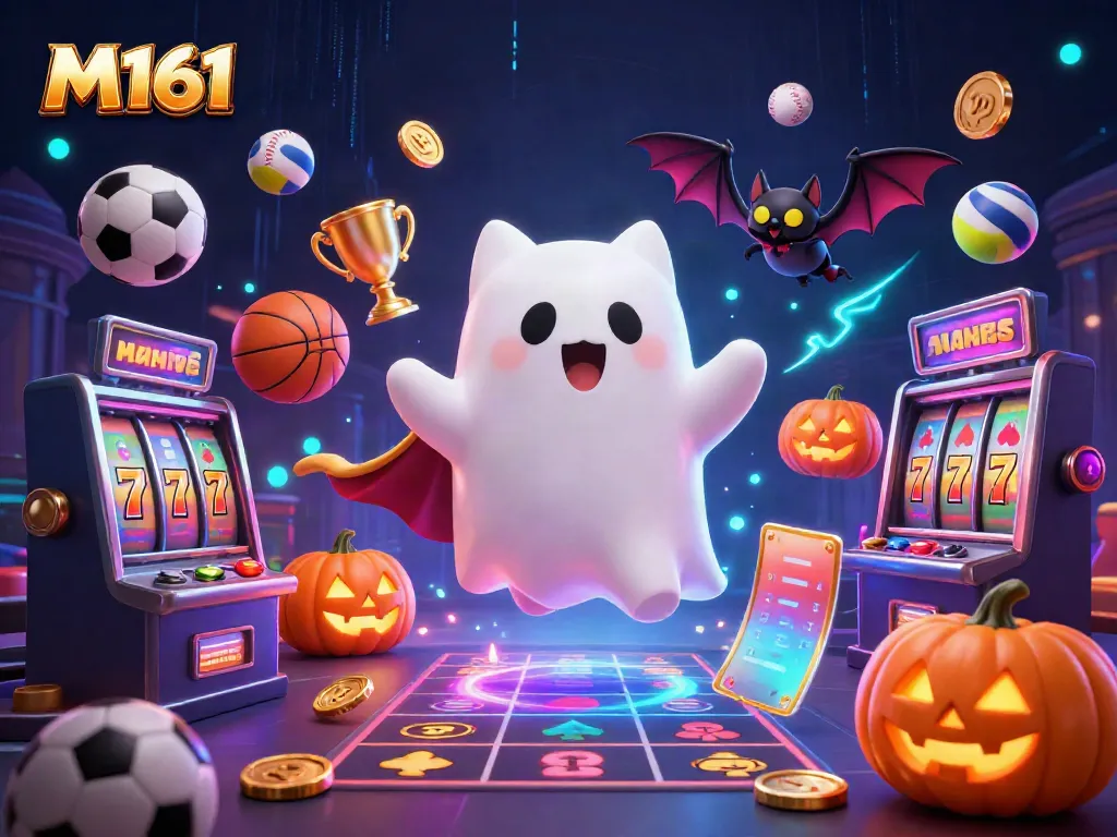 M161 casino scene with ghost cat, vampire bat, and glowing jack-o-lanterns amidst slot machines.