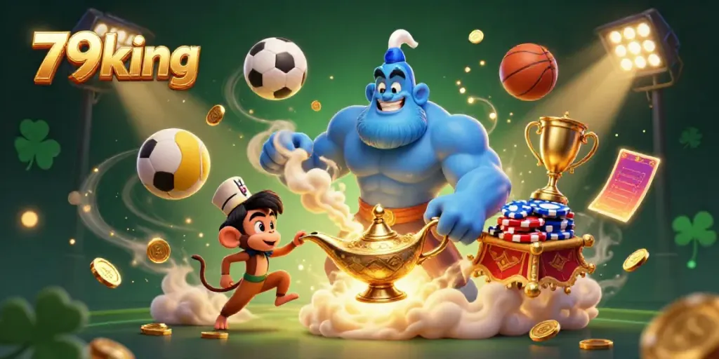 Engage in exciting gameplay at 79king featuring a genie, monkey, and dynamic sports elements.