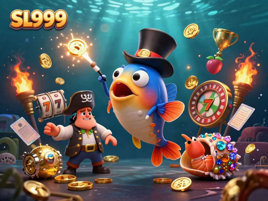 Engaging SL999 illustration with casino elements and vibrant underwater characters