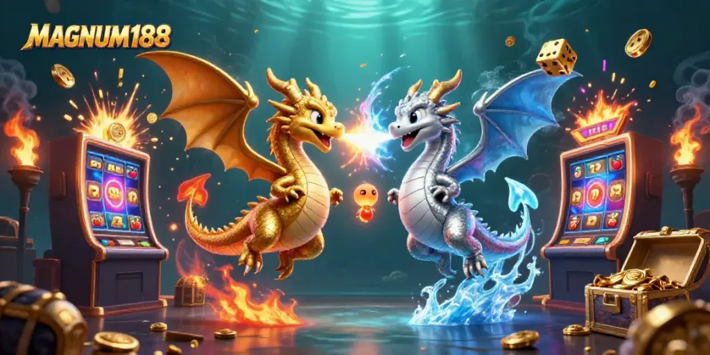 Engage in the excitement of MAGNUM188 with twin dragons over a jackpot burst in this dynamic illustration.