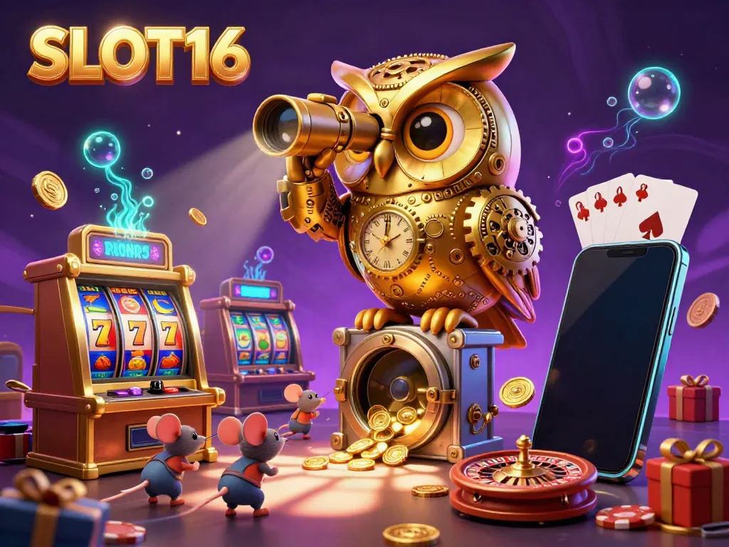 SLOT16 captures the thrill of casino gaming with a magical owl and vibrant slot game elements.