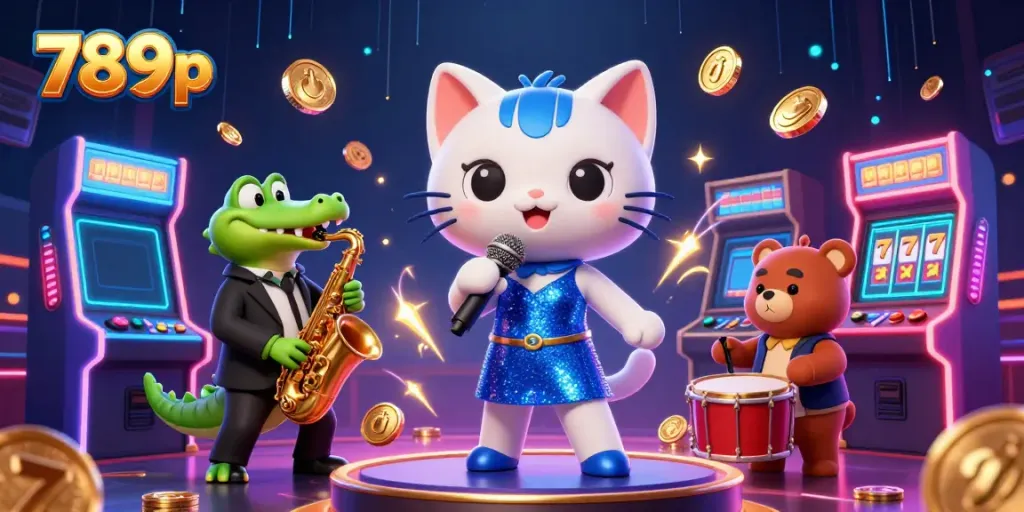 Engage with 789p's vibrant casino scene featuring a jazz-singer cat and a crocodile, showcasing dynamic gaming action.