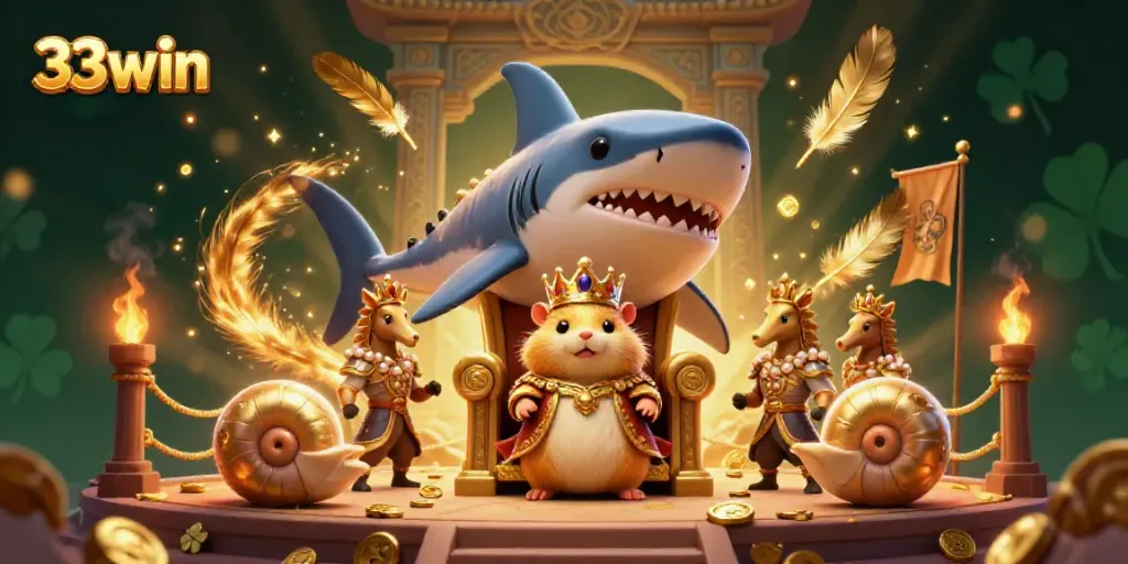 Experience the thrilling world of 33win casino with a fierce golden hamster king, ornate guards, and gold coins swirling around a dynamic 3D scene.