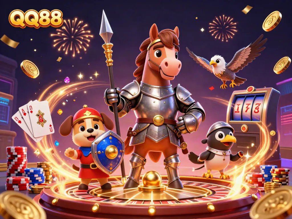 Experience excitement at QQ88 with a knight, squire, and falcon amidst casino riches.