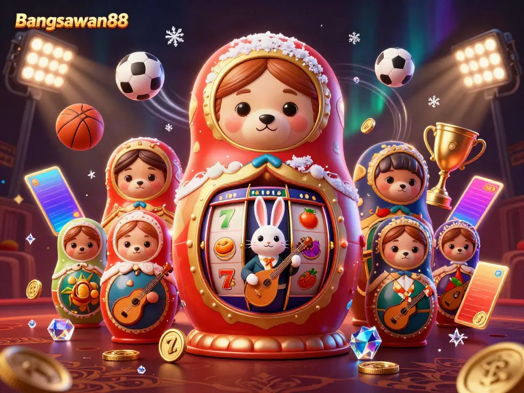 Bangsawan88 spins into action with vibrant 3D bears and casino elements shining brightly.