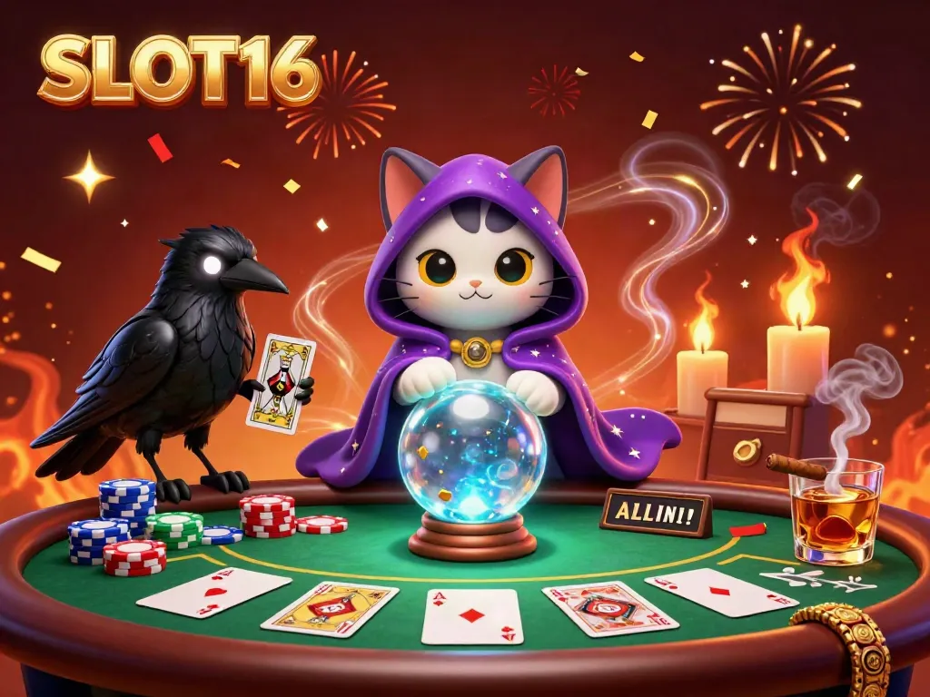 SLOT16 fortune teller cat and raven amidst vibrant casino elements with poker table and confetti.