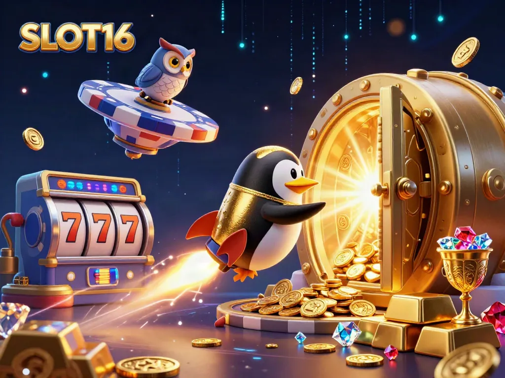 SLOT16 casino illustration of a golden penguin blasting through space towards riches, perfect for gambling enthusiasts.