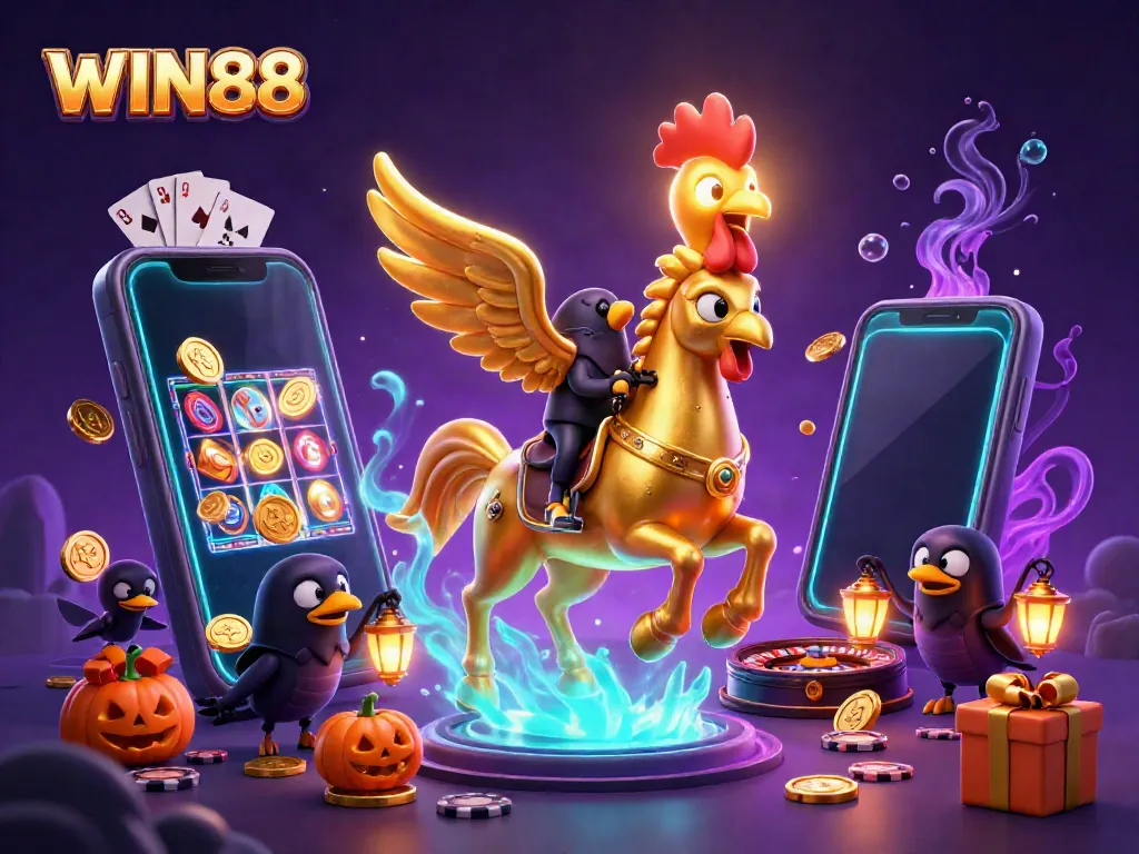 Experience the excitement of WIN88 with dynamic casino characters amidst dazzling game elements.
