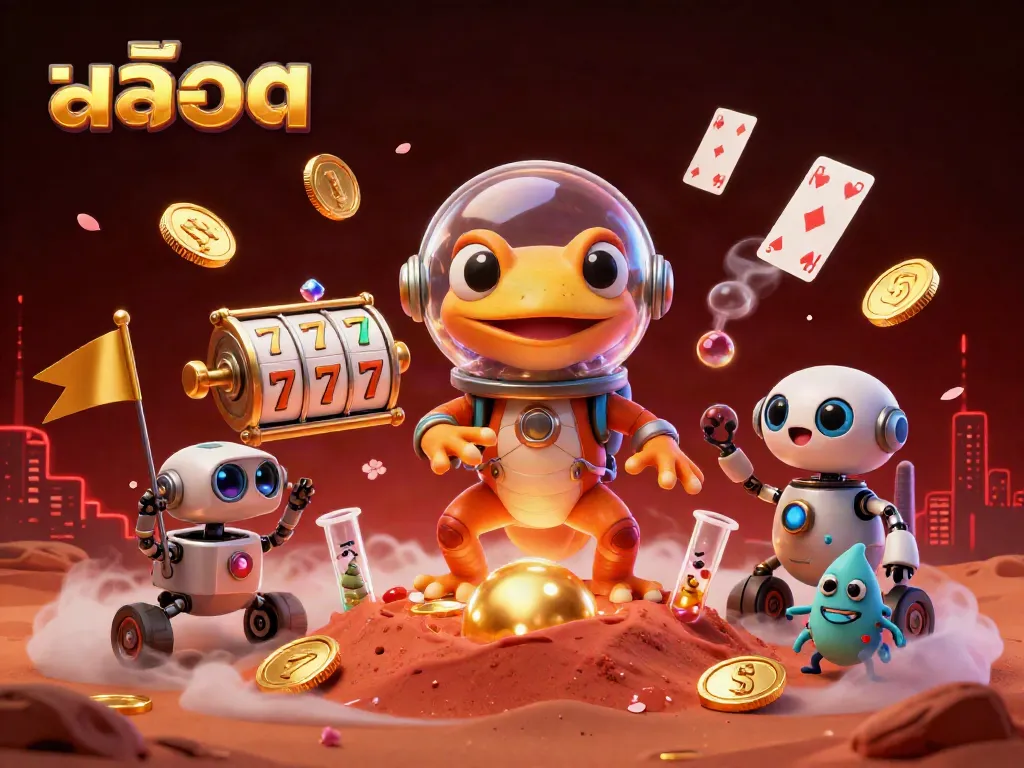 Experience the thrill of สล็อต with an adventurous Martian gecko in a magical casino scene.