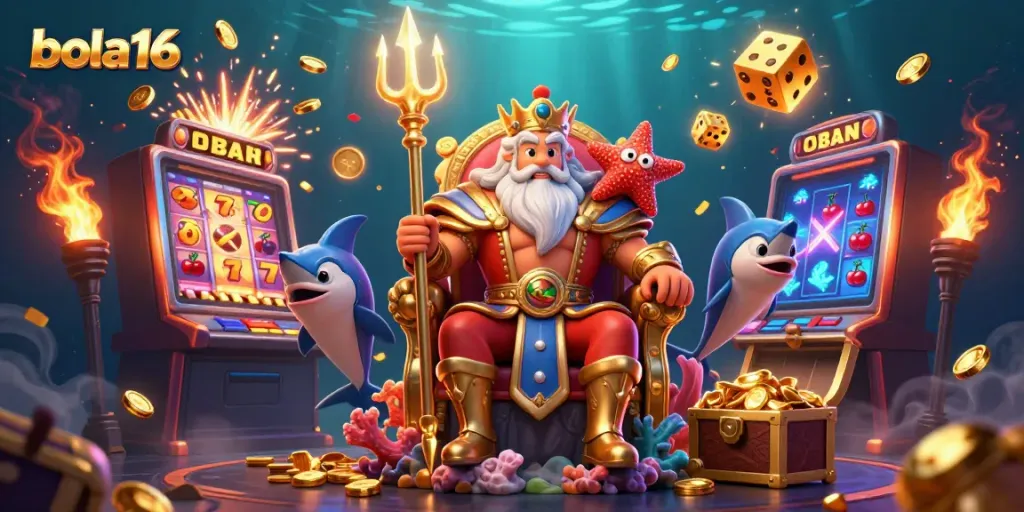 Experience the thrill of bola16 with vibrant slot machine magic and mythical sea characters.