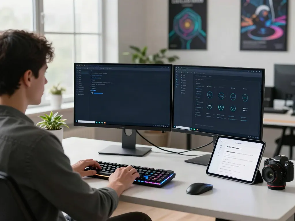 Detailed tech workspace where a developer configures v2rayN application, showcasing modern desk setup and vibrant monitor displays.