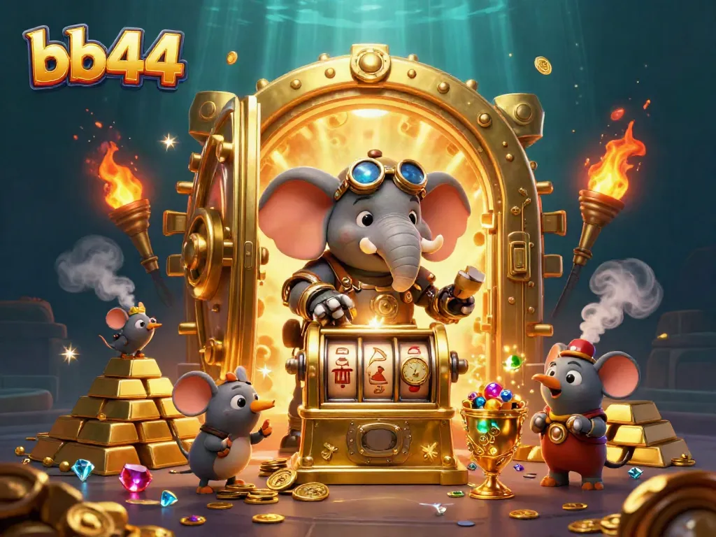Experience thrilling wins at bb44 with a mechanical arm and steampunk characters operating a golden slot machine.