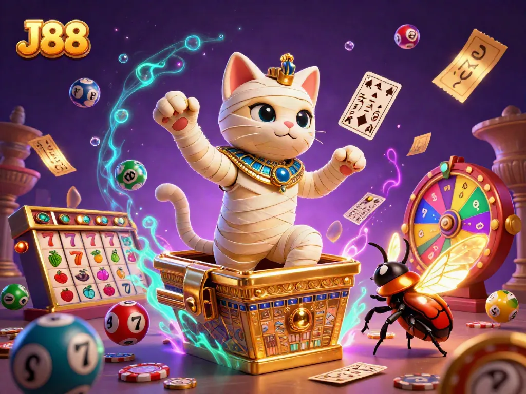 Engage with the dynamic J88 casino scene, where an Egyptian mummy cat and a glowing scarab beetle create excitement.
