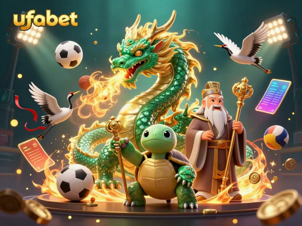 ภาพจาก ufabet แสดงมังกรหยกขนาดใหญ่ที่พ่นไฟทองและเต่าเซจฉลาดในฉากคาสิโน