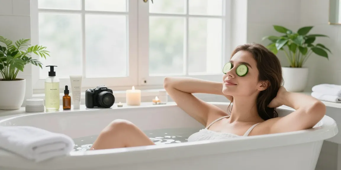 Entspannung im Badezimmer mit Produkten zum Augenringe wegbekommen und frischen Gurkenscheiben auf den Augen.