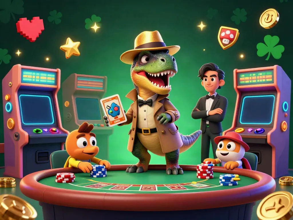 Experience the thrills of GG88 with a velociraptor and friends at a blackjack table, surrounded by casino action.
