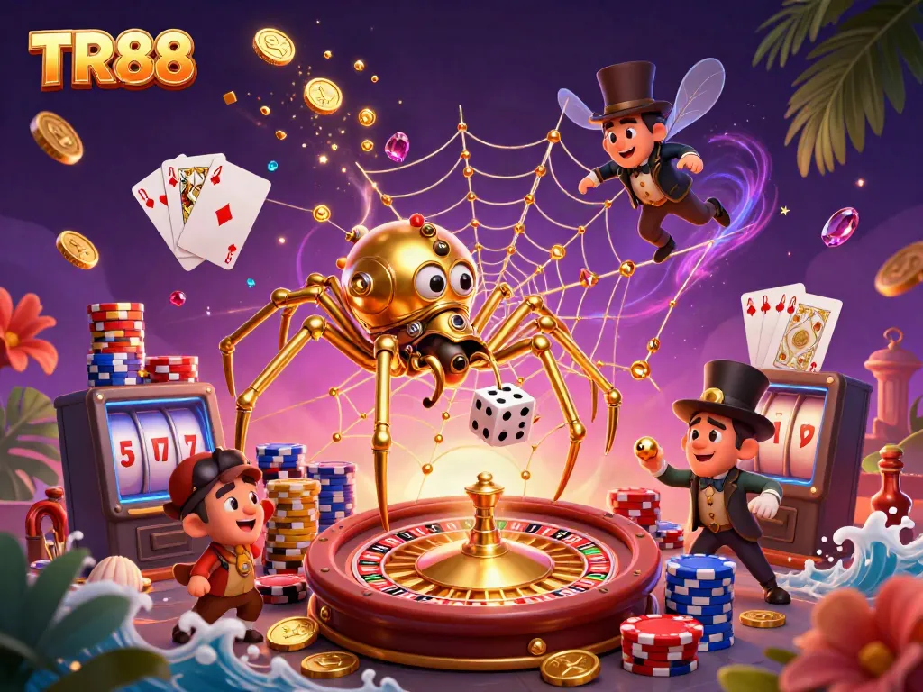 Engage with TR88's vibrant casino scene featuring a comic golden spider and flying tokens.