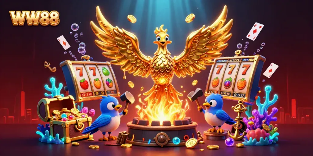 Engage with WW88's dynamic 3D illustration of a golden phoenix and casino elements.